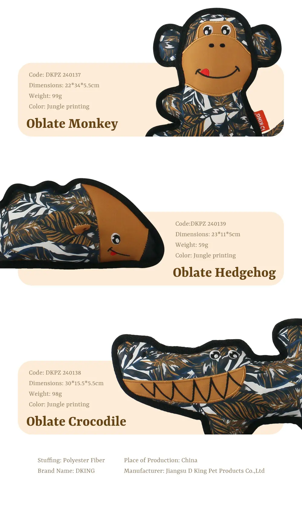 Innovative Design Series of Latest Dog Interactive Plush Toys Oblate echidna, Oblate koala, Oblate monkey, Oblate hedgehog, Oblate crocodile (8)