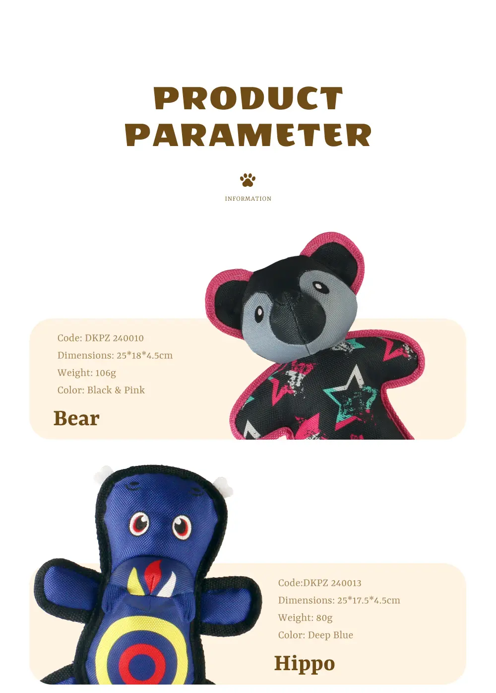 Dog Chew-Resistant Interactive Plush Toy Series：Bear, Hippo, Hippo, Elephant, Sloth (7)