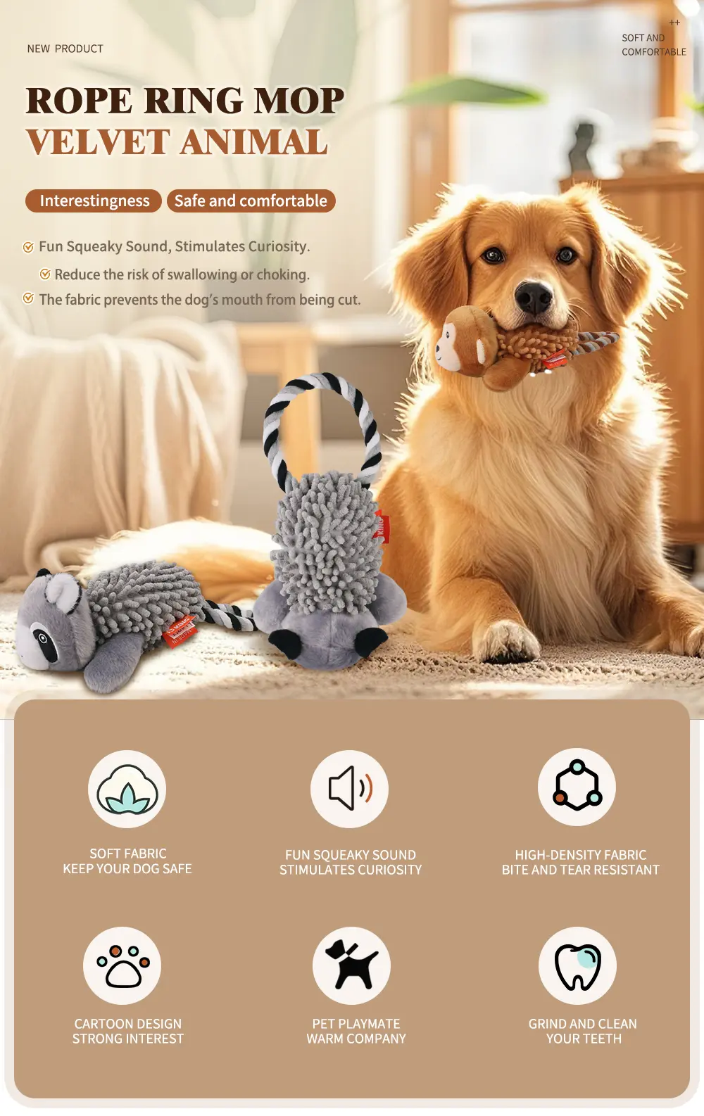 Rope Animal Plush Toys for Pets Rope ring mop velvet raccoon,Rope ring mop velvet monkey (5)