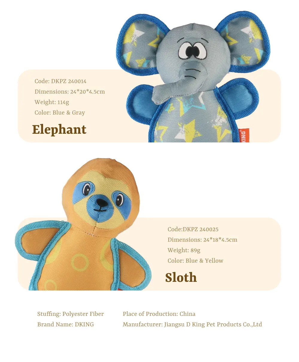 Dog Chew-Resistant Interactive Plush Toy Series：Bear, Hippo, Hippo, Elephant, Sloth (8)