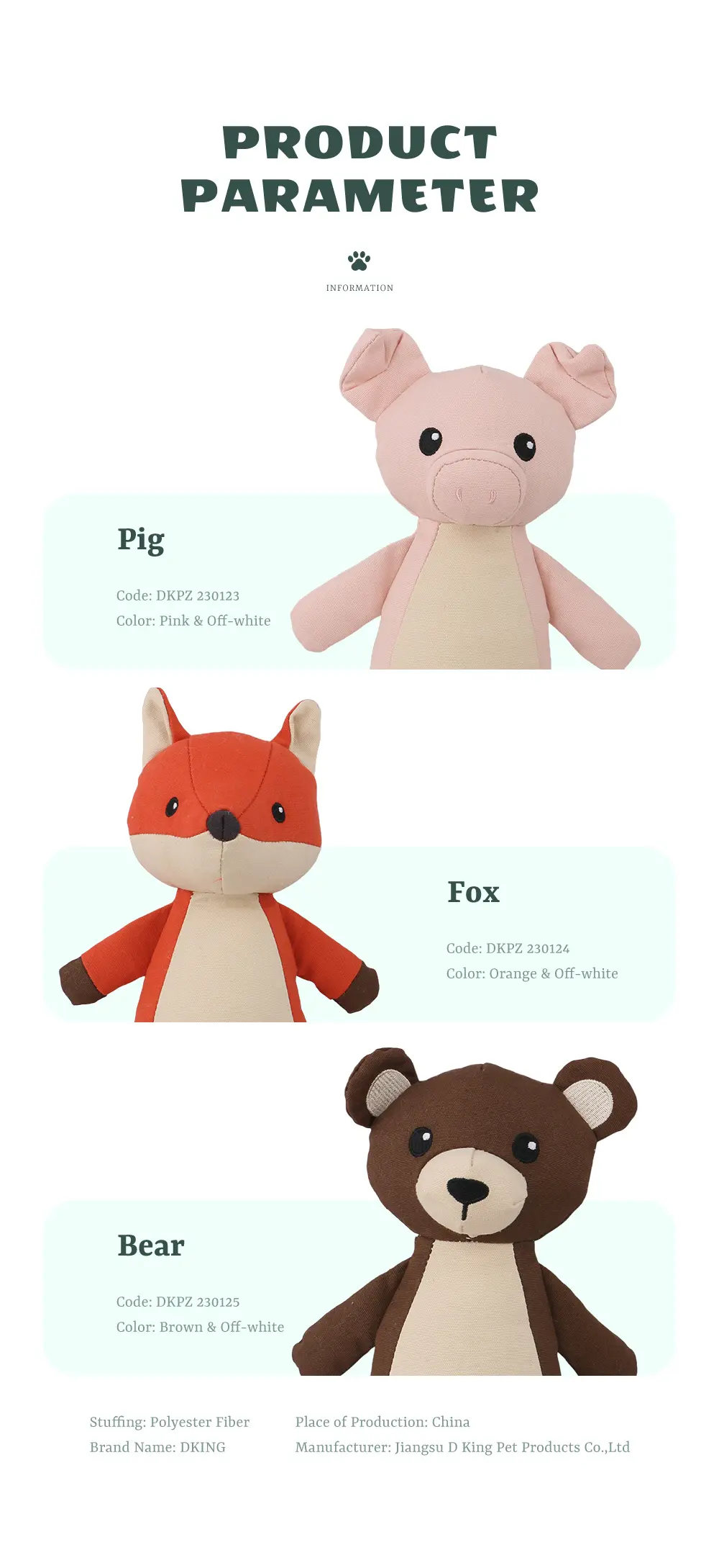 Cute Animal Series Plush Toys, Adorable Appearances, Safe Materials, Accompanying Growth：Pig，Fox，Bear (6)
